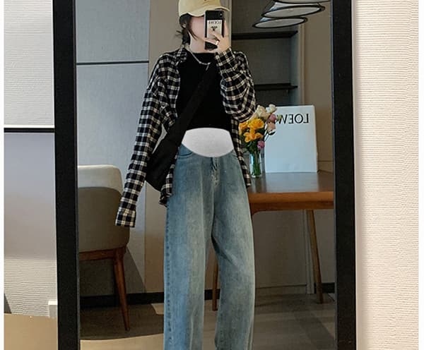 6 색 선택 사항 임산부 넓은 다리 청바지 루즈핏 봄과 가을 외출용 슬림해 보이는 도루 센스 스트레이트 바닥 청소 클래식 다용도 상세 이미지 5