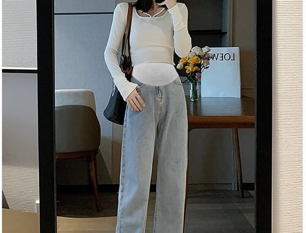 6 색 선택 사항 임산부 넓은 다리 청바지 루즈핏 봄과 가을 외출용 슬림해 보이는 도루 센스 스트레이트 바닥 청소 클래식 다용도 상세 이미지 40