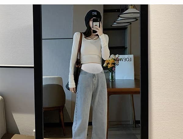 6 색 선택 사항 임산부 넓은 다리 청바지 루즈핏 봄과 가을 외출용 슬림해 보이는 도루 센스 스트레이트 바닥 청소 클래식 다용도 상세 이미지 43