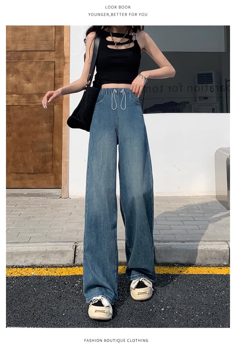 임산부 데님 긴 바지 봄과 가을 이전 펌프 로프 있음 주머니 외출용 와이드 레그 팬츠 루즈핏 종류 삼색 선택 사항 상세 이미지 8