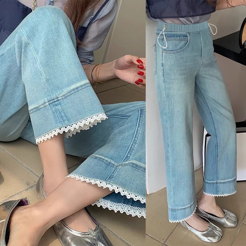 임산부 펌프 로프 레이스 레이스 청바지 9부 바지 봄과 가을 없음 복부 지지 스트레이트 팬츠 루즈핏 와이드 레그 팬츠 이미지 3