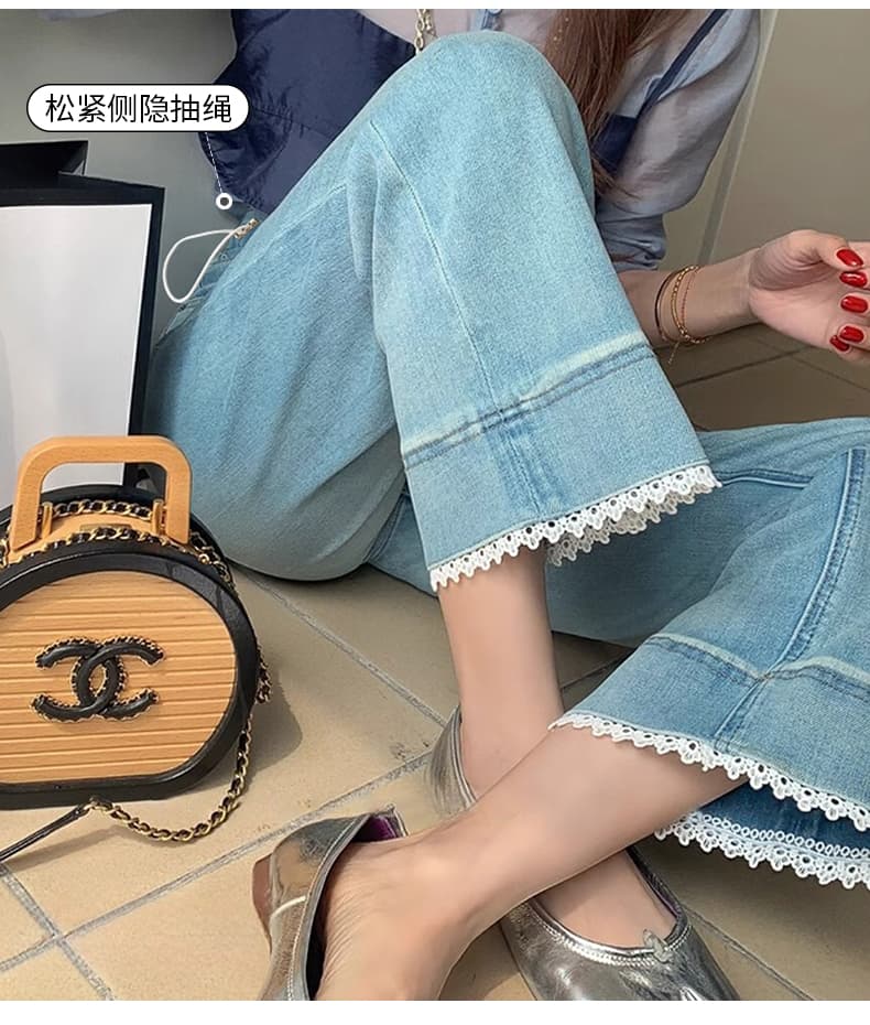 임산부 펌프 로프 레이스 레이스 청바지 9부 바지 봄과 가을 없음 복부 지지 스트레이트 팬츠 루즈핏 와이드 레그 팬츠 상세 이미지 5