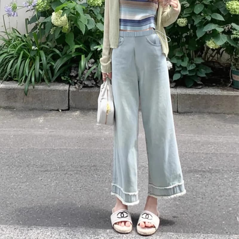 이른 가을 밝은 색 임산부 펌프 로프 없음 복부 지지 수공 거친 가장자리 데님 9부 바지 외출용 스트레이트 팬츠 와이드 레그 팬츠 이미지 2