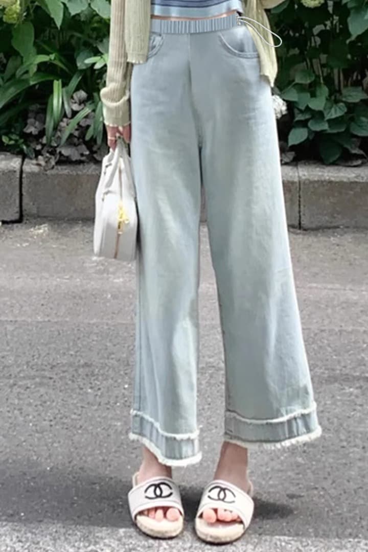 이른 가을 밝은 색 임산부 펌프 로프 없음 복부 지지 수공 거친 가장자리 데님 9부 바지 외출용 스트레이트 팬츠 와이드 레그 팬츠 이미지 6