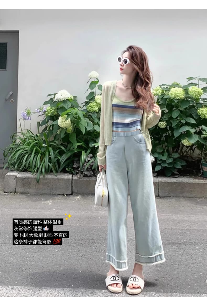 이른 가을 밝은 색 임산부 펌프 로프 없음 복부 지지 수공 거친 가장자리 데님 9부 바지 외출용 스트레이트 팬츠 와이드 레그 팬츠 상세 이미지 4