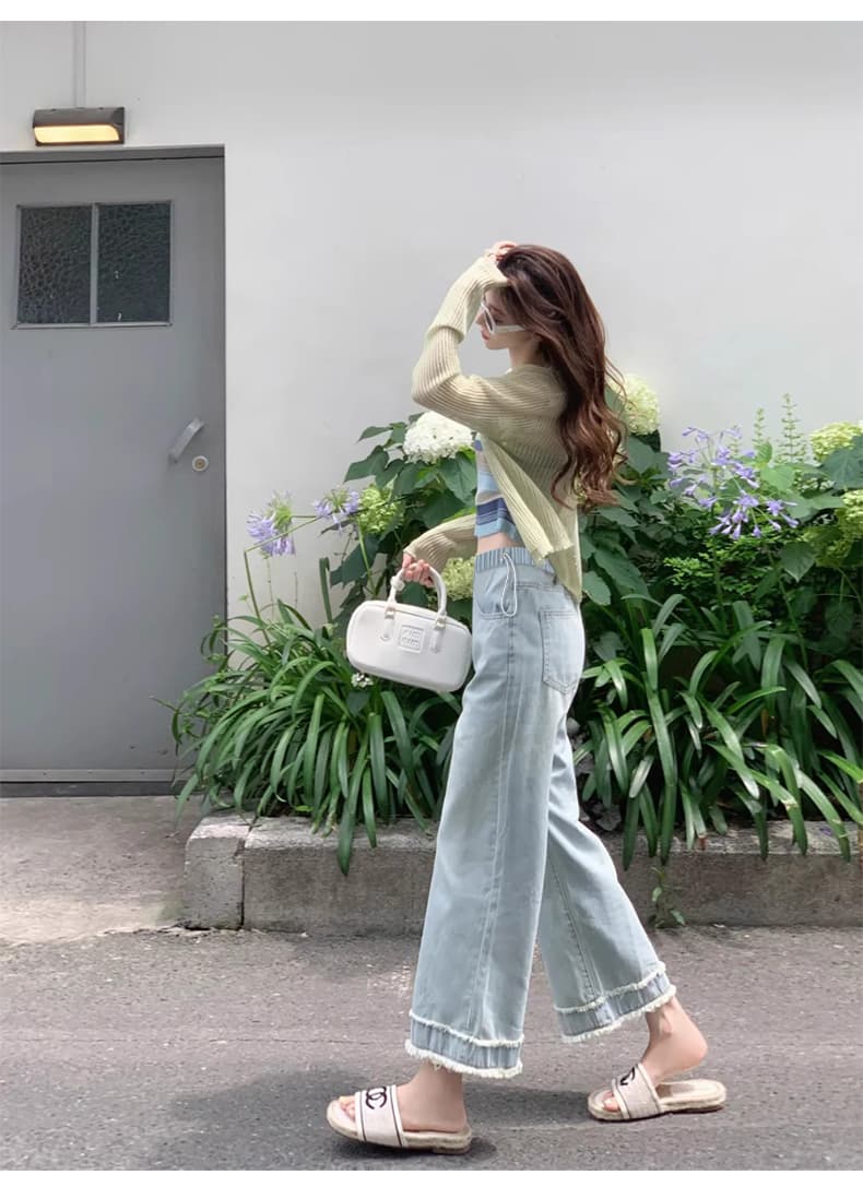 이른 가을 밝은 색 임산부 펌프 로프 없음 복부 지지 수공 거친 가장자리 데님 9부 바지 외출용 스트레이트 팬츠 와이드 레그 팬츠 상세 이미지 9