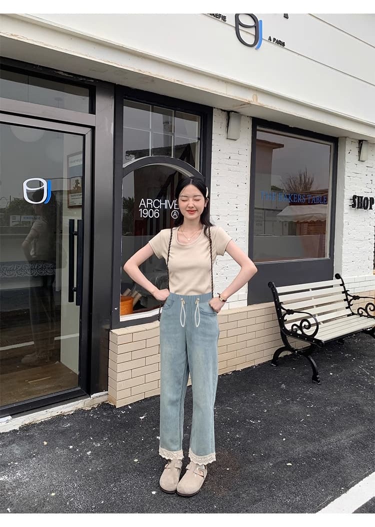 임산부 봄과 가을 레이스 9 포인트 청바지 펌프 로프 복부 지지 바지 외출용 스트레이트 팬츠 루즈핏 와이드 레그 팬츠 상세 이미지 10