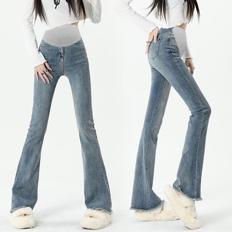 높은 탄력성 임산부 복부 지지 섹션 거친 가장자리 마이크로 나팔 바지 봄 가을 임산부 데님 긴 바지 몸매 가꾸기 슬림해 보이는 클래식 다용도 이미지 4