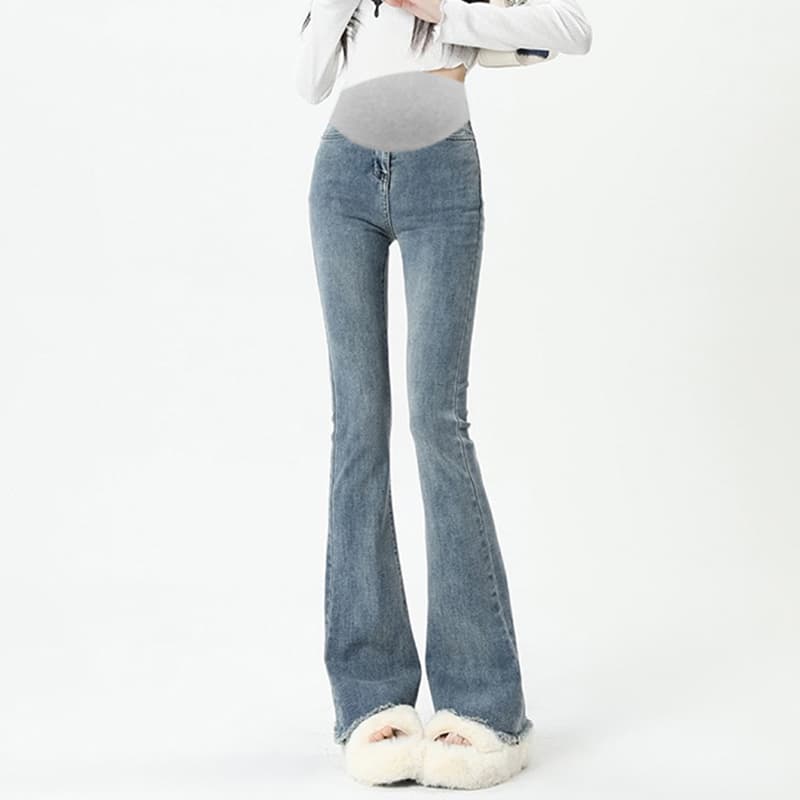 높은 탄력성 임산부 복부 지지 섹션 거친 가장자리 마이크로 나팔 바지 봄 가을 임산부 데님 긴 바지 몸매 가꾸기 슬림해 보이는 클래식 다용도 이미지 3