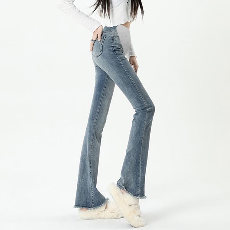 높은 탄력성 임산부 복부 지지 섹션 거친 가장자리 마이크로 나팔 바지 봄 가을 임산부 데님 긴 바지 몸매 가꾸기 슬림해 보이는 클래식 다용도 이미지 5
