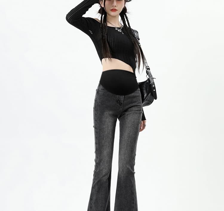 높은 탄력성 임산부 복부 지지 섹션 거친 가장자리 마이크로 나팔 바지 봄 가을 임산부 데님 긴 바지 몸매 가꾸기 슬림해 보이는 클래식 다용도 상세 이미지 28