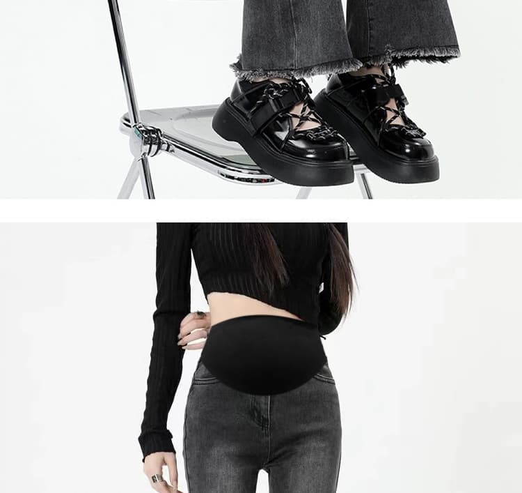 높은 탄력성 임산부 복부 지지 섹션 거친 가장자리 마이크로 나팔 바지 봄 가을 임산부 데님 긴 바지 몸매 가꾸기 슬림해 보이는 클래식 다용도 상세 이미지 32