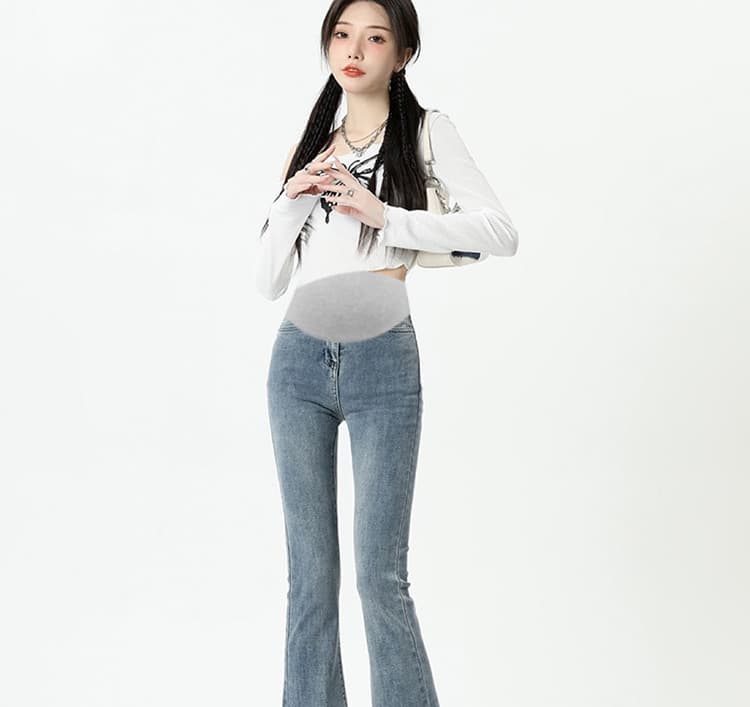 높은 탄력성 임산부 복부 지지 섹션 거친 가장자리 마이크로 나팔 바지 봄 가을 임산부 데님 긴 바지 몸매 가꾸기 슬림해 보이는 클래식 다용도 상세 이미지 42