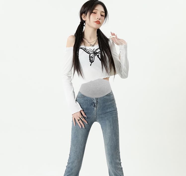 높은 탄력성 임산부 복부 지지 섹션 거친 가장자리 마이크로 나팔 바지 봄 가을 임산부 데님 긴 바지 몸매 가꾸기 슬림해 보이는 클래식 다용도 상세 이미지 45