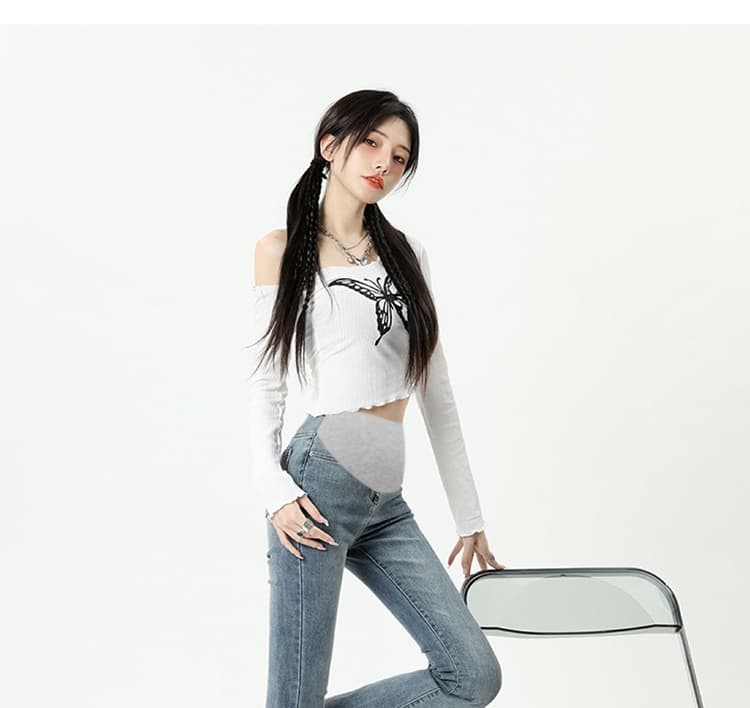 높은 탄력성 임산부 복부 지지 섹션 거친 가장자리 마이크로 나팔 바지 봄 가을 임산부 데님 긴 바지 몸매 가꾸기 슬림해 보이는 클래식 다용도 상세 이미지 48