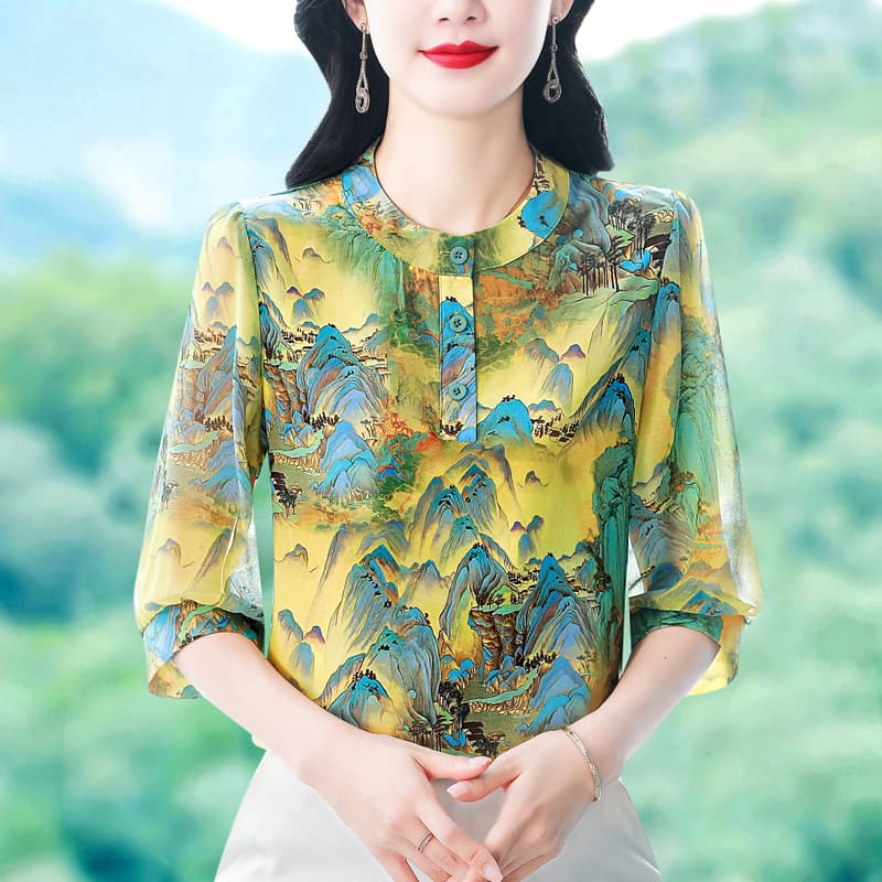 실사 2026 여름 높은 품질 7부 소매 품격 우아함 패션 꽃무늬 셔츠 이미지 2
