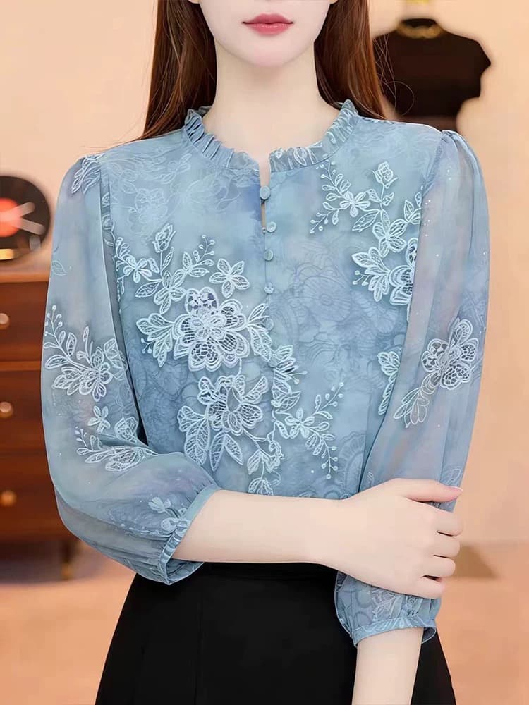 2026 봄 여름 새로운 프릴 표지 고기 통기성 작은 셔츠 7부 소매 여성 의류 품격 프린트 슬림해 보이는 맨위 상세 이미지 3