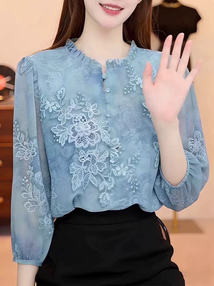 2026 봄 여름 새로운 프릴 표지 고기 통기성 작은 셔츠 7부 소매 여성 의류 품격 프린트 슬림해 보이는 맨위 상세 이미지 4
