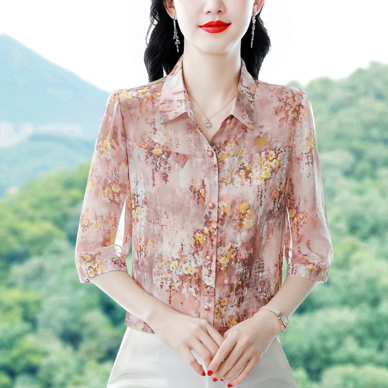 실사 2026 여름 새로운 외국 가스 7부 소매 맨위 품격 연령 감소 엄마 프린트 셔츠 이미지 3