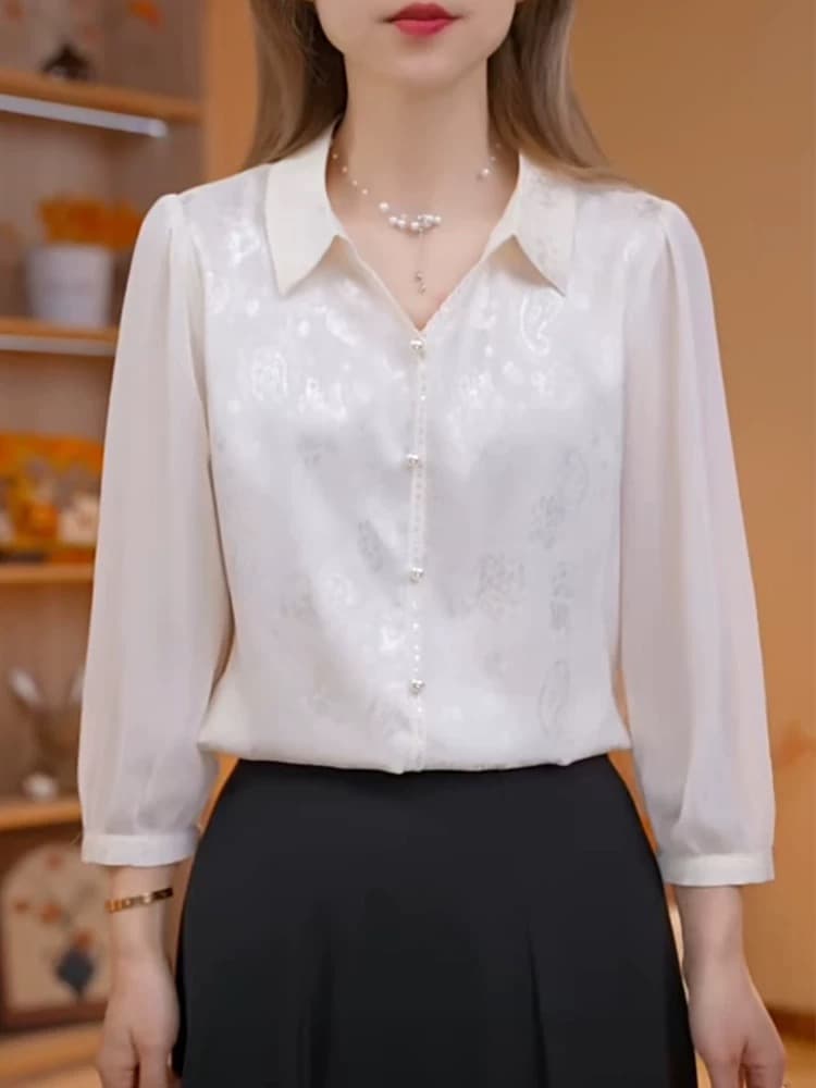 봄 여름 7부 소매 진주 버클 작은 셔츠 우아함 연령 감소 탑 옷깃 자카드 다용도 중년 엄마 여성 의류 새로운 이미지 4