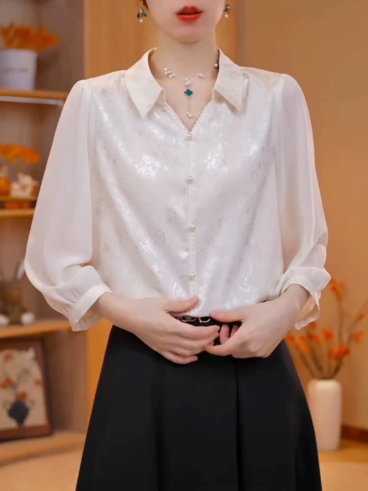 봄 여름 7부 소매 진주 버클 작은 셔츠 우아함 연령 감소 탑 옷깃 자카드 다용도 중년 엄마 여성 의류 새로운 상세 이미지 4