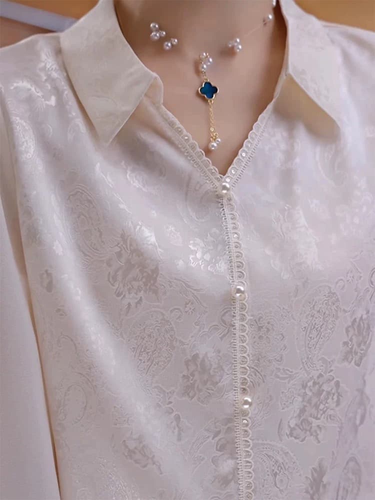 봄 여름 7부 소매 진주 버클 작은 셔츠 우아함 연령 감소 탑 옷깃 자카드 다용도 중년 엄마 여성 의류 새로운 상세 이미지 9