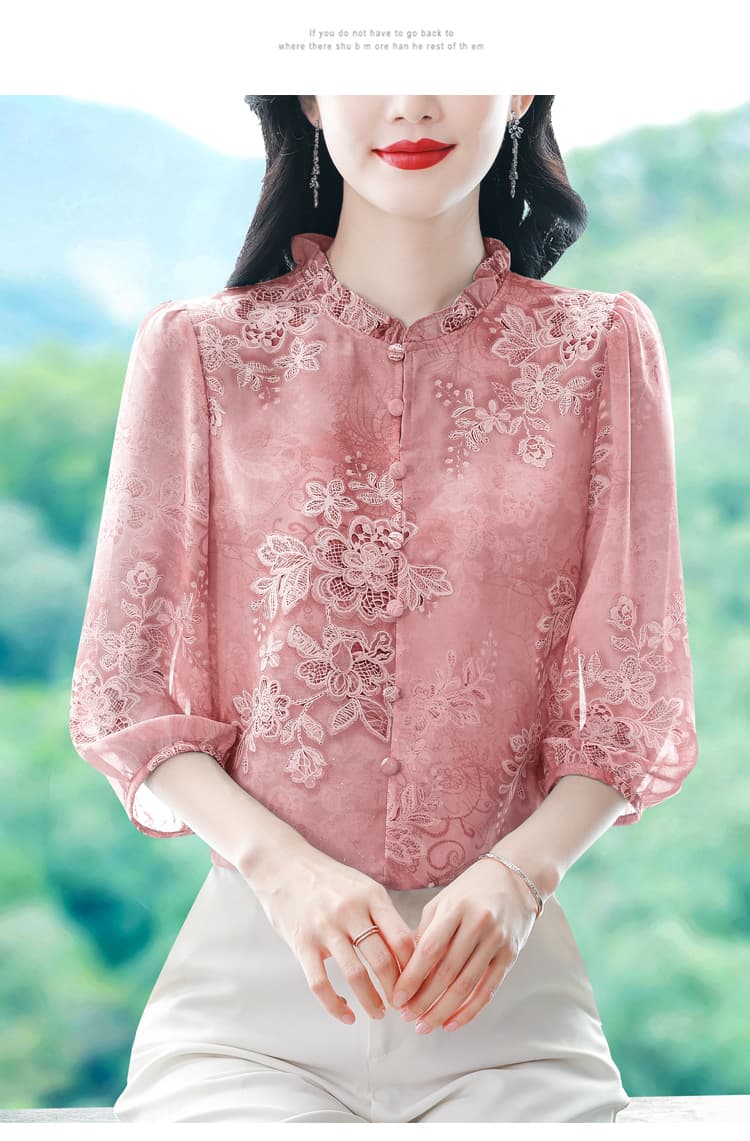 실사 2026 봄 여름 새로운 프릴 표지 고기 작은 셔츠 7부 소매 여성 의류 품격 프린트 슬림해 보이는 맨위 상세 이미지 18