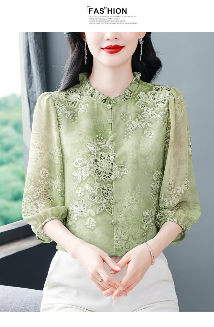 실사 2026 봄 여름 새로운 프릴 표지 고기 작은 셔츠 7부 소매 여성 의류 품격 프린트 슬림해 보이는 맨위 상세 이미지 29