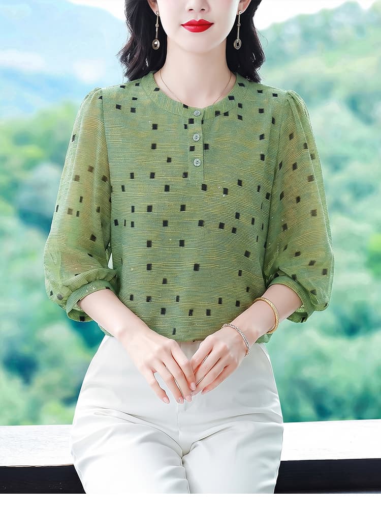 실사 2026 여름 새로운 패션 엄마 7부 소매 프린트 블라우스 품격 연령 감소 슬림해 보이는 작은 셔츠 상세 이미지 16