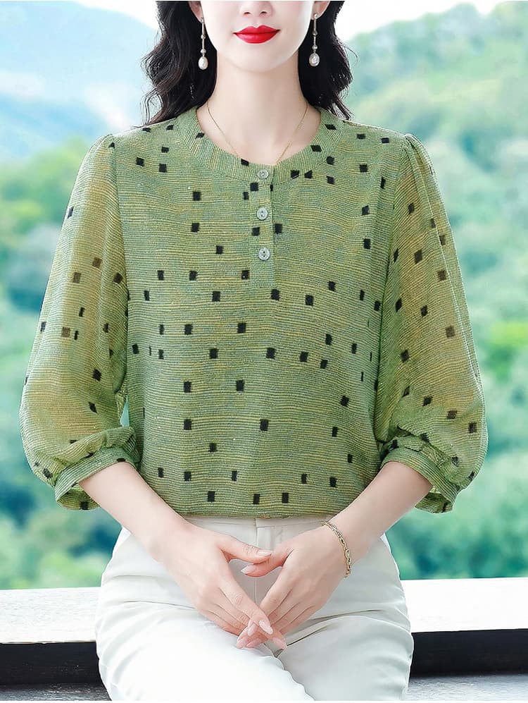 실사 2026 여름 새로운 패션 엄마 7부 소매 프린트 블라우스 품격 연령 감소 슬림해 보이는 작은 셔츠 상세 이미지 18