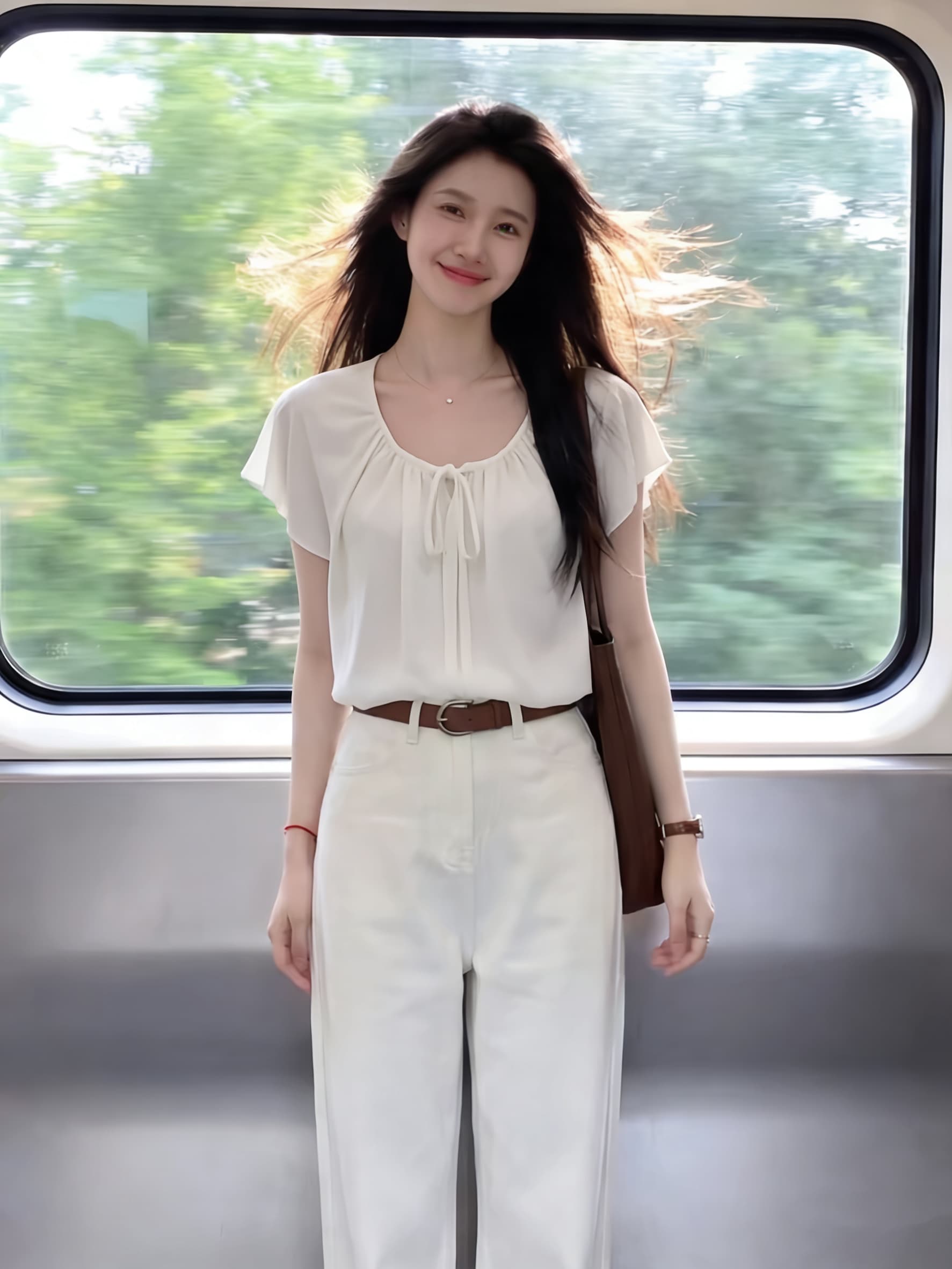 화이트 u 칼라 레이스업 프릴 티셔츠 여성 봄 여름 작은 대중 디자인 센스 몸매 가꾸기 슬림해 보이는 인사이드 잡아라. 의류 상세 이미지 7