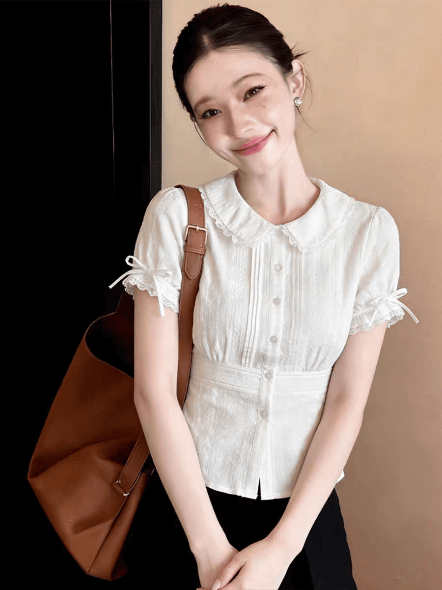 프랑스식 화이트 베이비 칼라 레이스 조각 반팔 여성 셔츠 여름 달콤함 연령 감소 허리 수축 슬림해 보이는 나비 매듭 맨위 상세 이미지 5