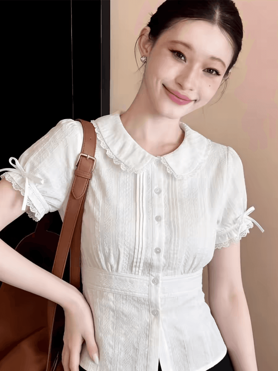 프랑스식 화이트 베이비 칼라 레이스 조각 반팔 여성 셔츠 여름 달콤함 연령 감소 허리 수축 슬림해 보이는 나비 매듭 맨위 상세 이미지 7