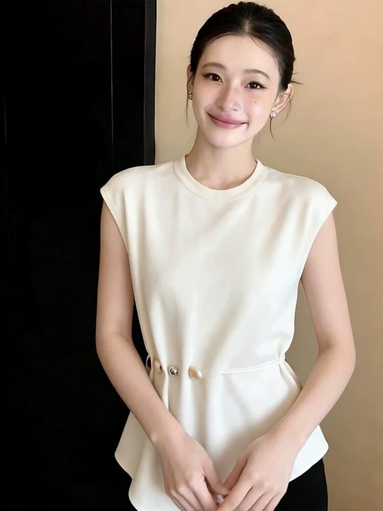 여름 프랑스식 품격 화이트 불규칙 작은 날다 소매 티셔츠 몸매 가꾸기 슬림해 보이는 캐주얼 다용도 맨위 상세 이미지 6