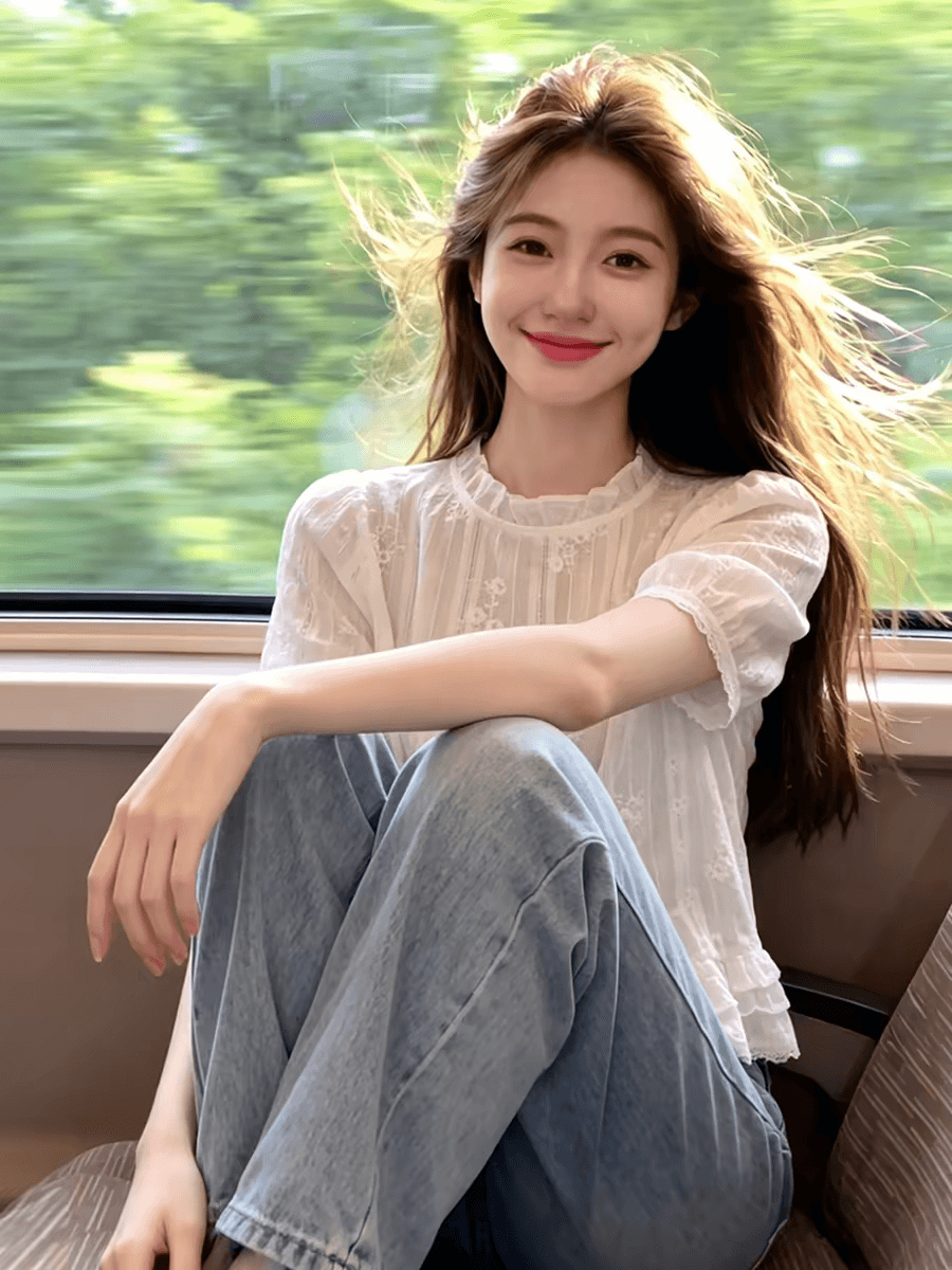 달콤한 스타일 자수 반팔 셔츠 여성 의류 여름 새로운 디자인 센스 셔츠 프릴 거품 소매 라운드 넥 맨위 이미지 3