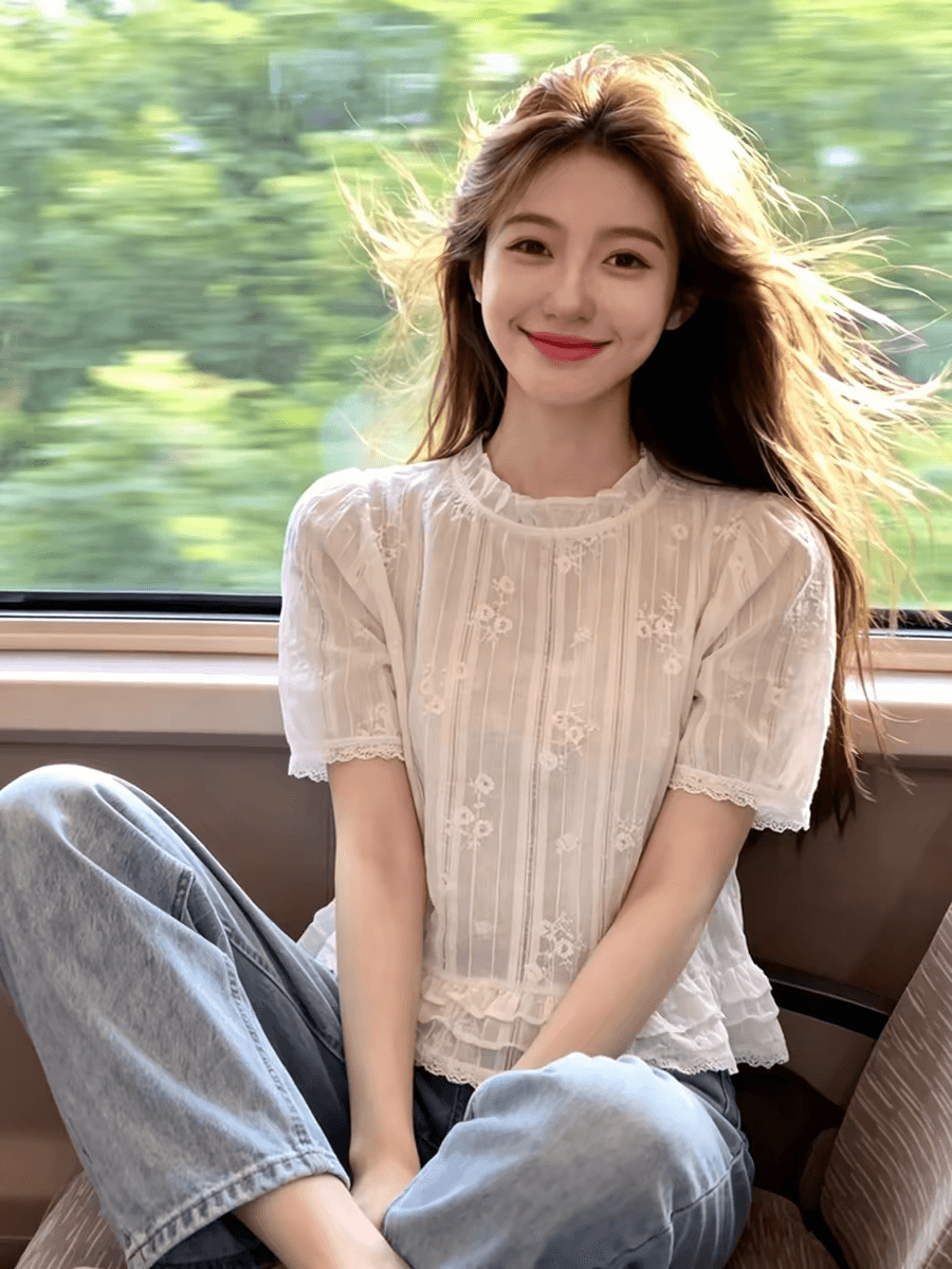 달콤한 스타일 자수 반팔 셔츠 여성 의류 여름 새로운 디자인 센스 셔츠 프릴 거품 소매 라운드 넥 맨위 상세 이미지 4