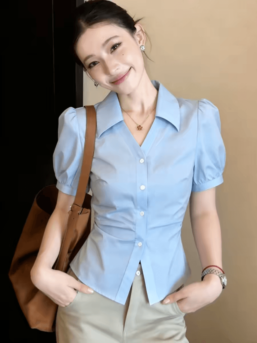 파란색 POLO 칼라 반팔 셔츠 여자 2026 새로운 여름 디자인 센스 프랑스식 사소한 아름다운 맨위 셔츠 상세 이미지 1