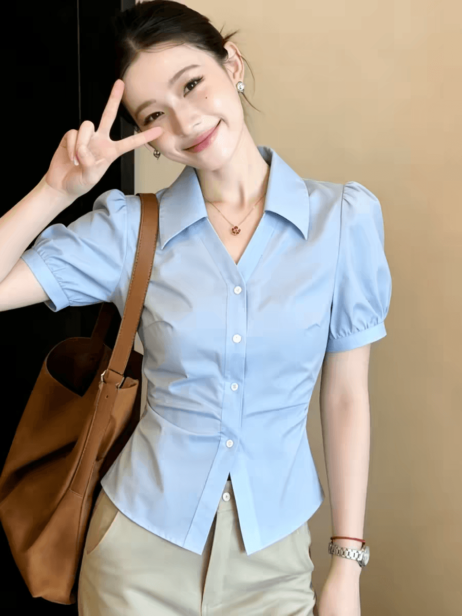 파란색 POLO 칼라 반팔 셔츠 여자 2026 새로운 여름 디자인 센스 프랑스식 사소한 아름다운 맨위 셔츠 상세 이미지 5