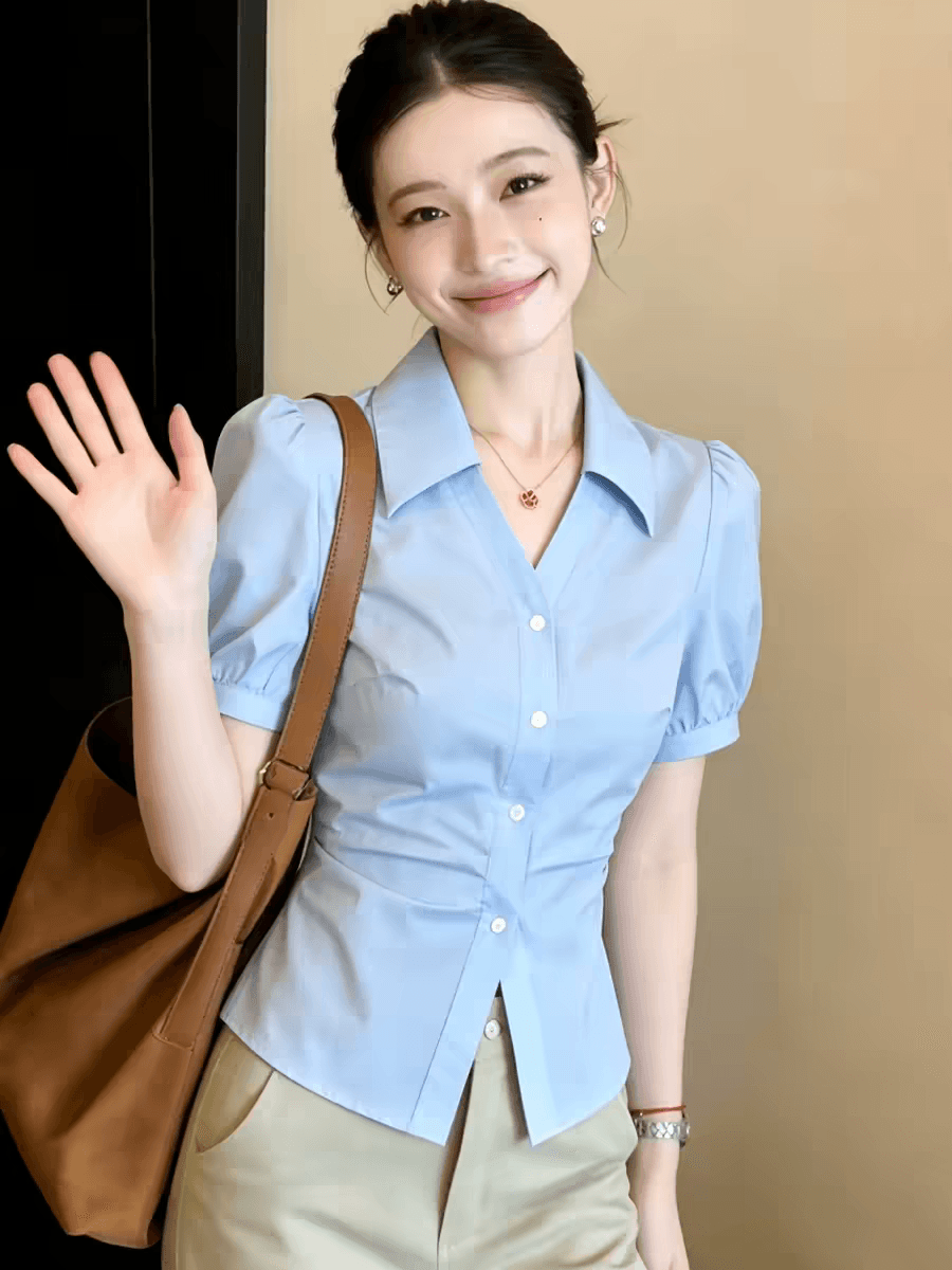 파란색 POLO 칼라 반팔 셔츠 여자 2026 새로운 여름 디자인 센스 프랑스식 사소한 아름다운 맨위 셔츠 상세 이미지 6