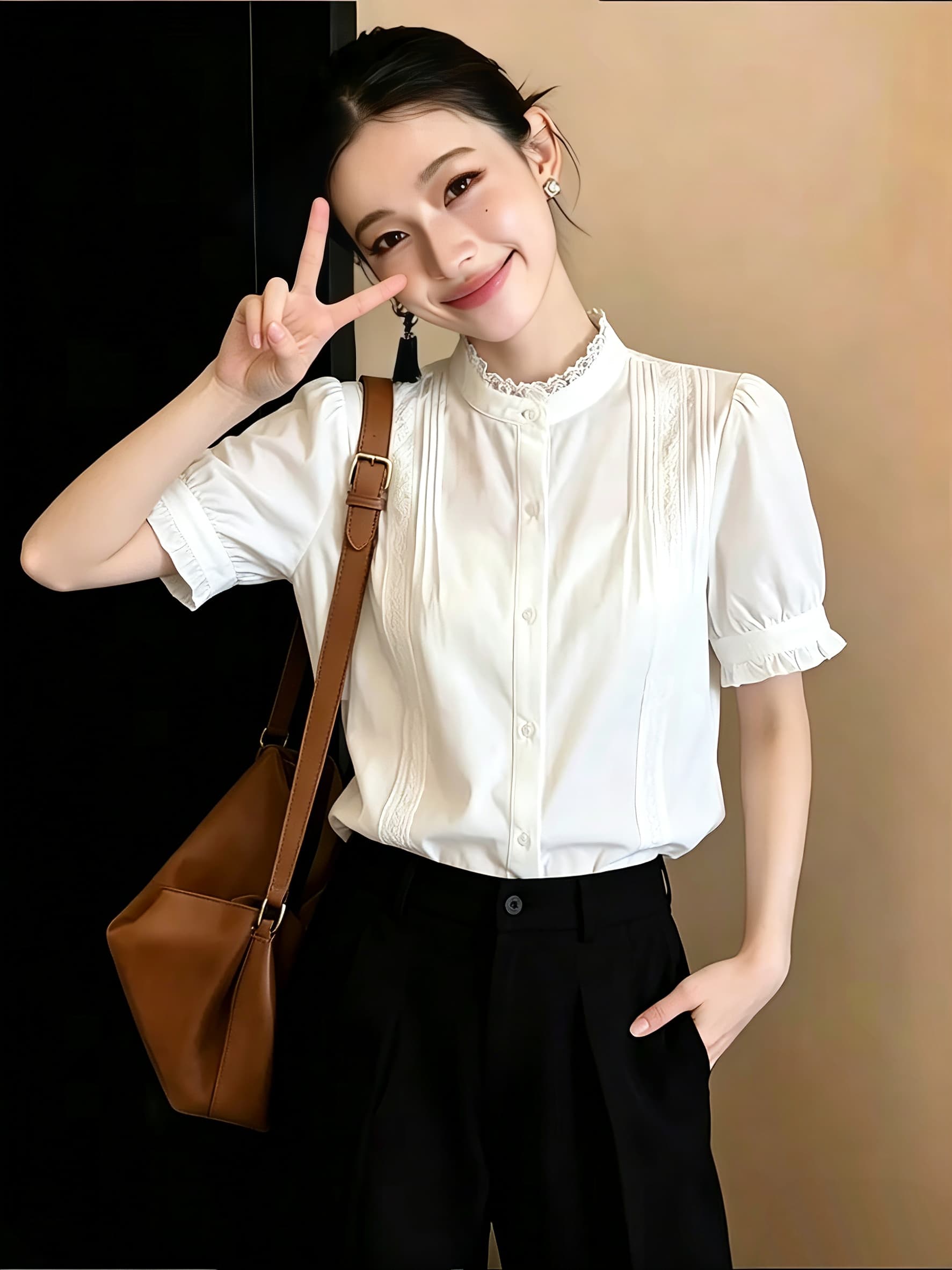 프랑스식 낭만주의 바람 거품 소매 화이트 레이스 여성 셔츠 여름 새로운 프릴 칼라 다용도 슬림해 보이는 연령 감소 맨위 상세 이미지 7