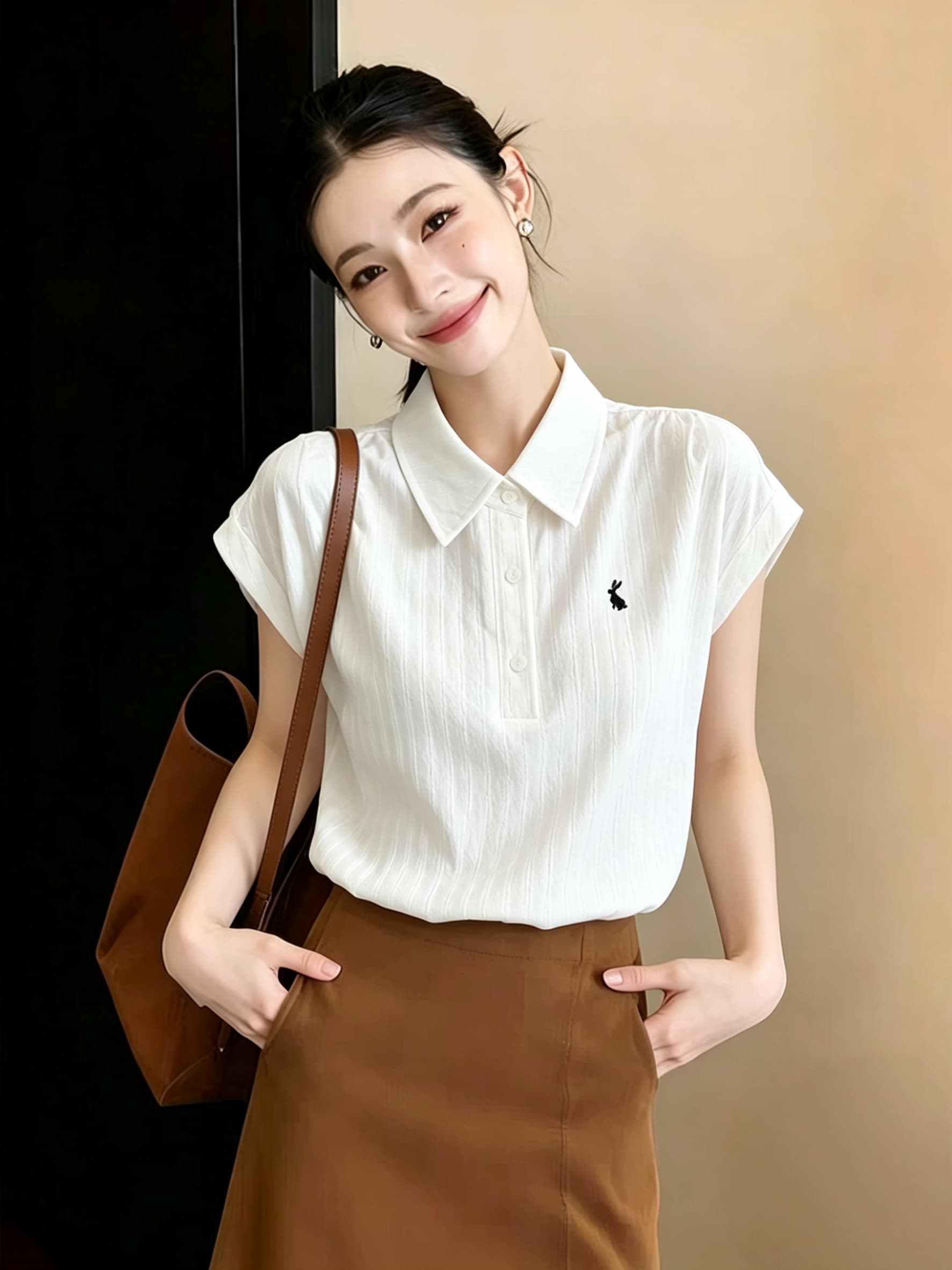재고 있음 프로 피부 편안함 면 높음 지혜 토끼 자수 반팔 셔츠 POLO 셔츠 여성 레트로 루즈핏 캐주얼 맨위