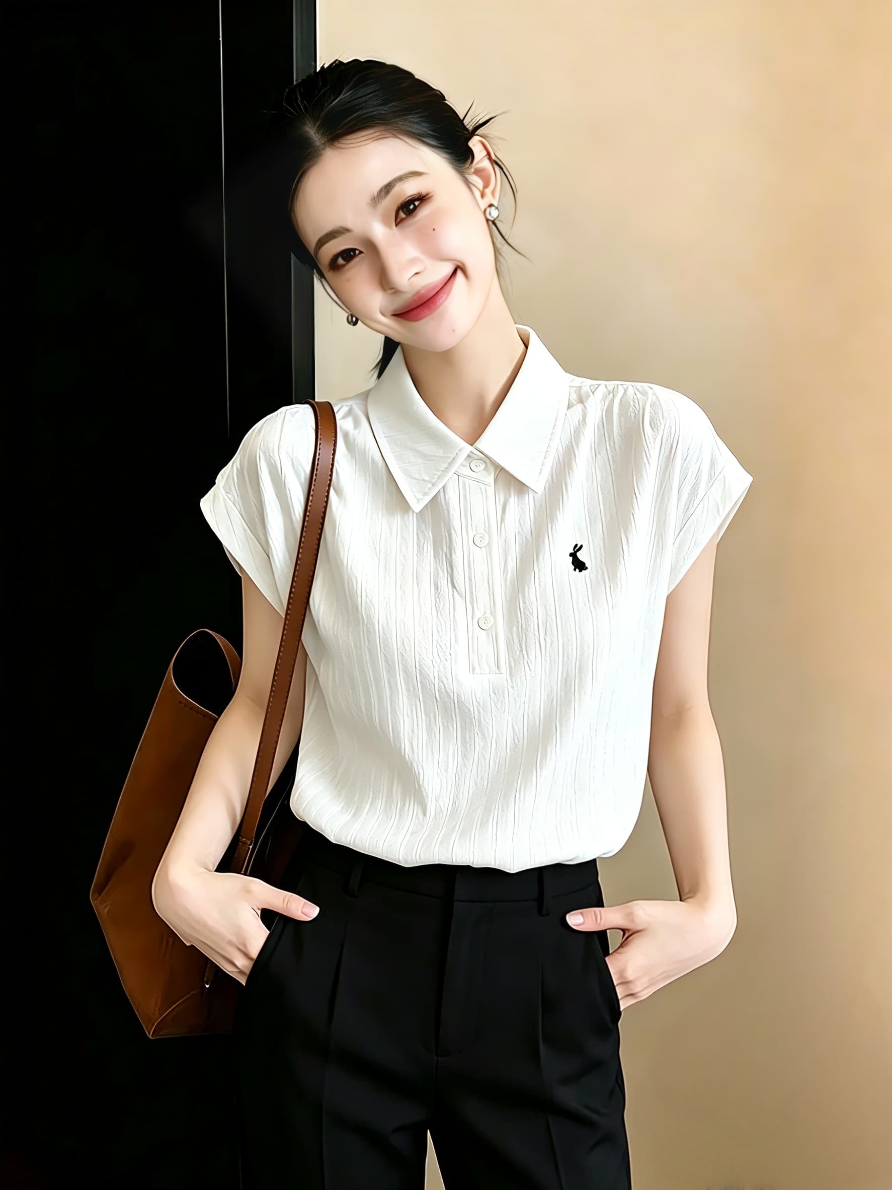 재고 있음 프로 피부 편안함 면 높음 지혜 토끼 자수 반팔 셔츠 POLO 셔츠 여성 레트로 루즈핏 캐주얼 맨위 상세 이미지 5