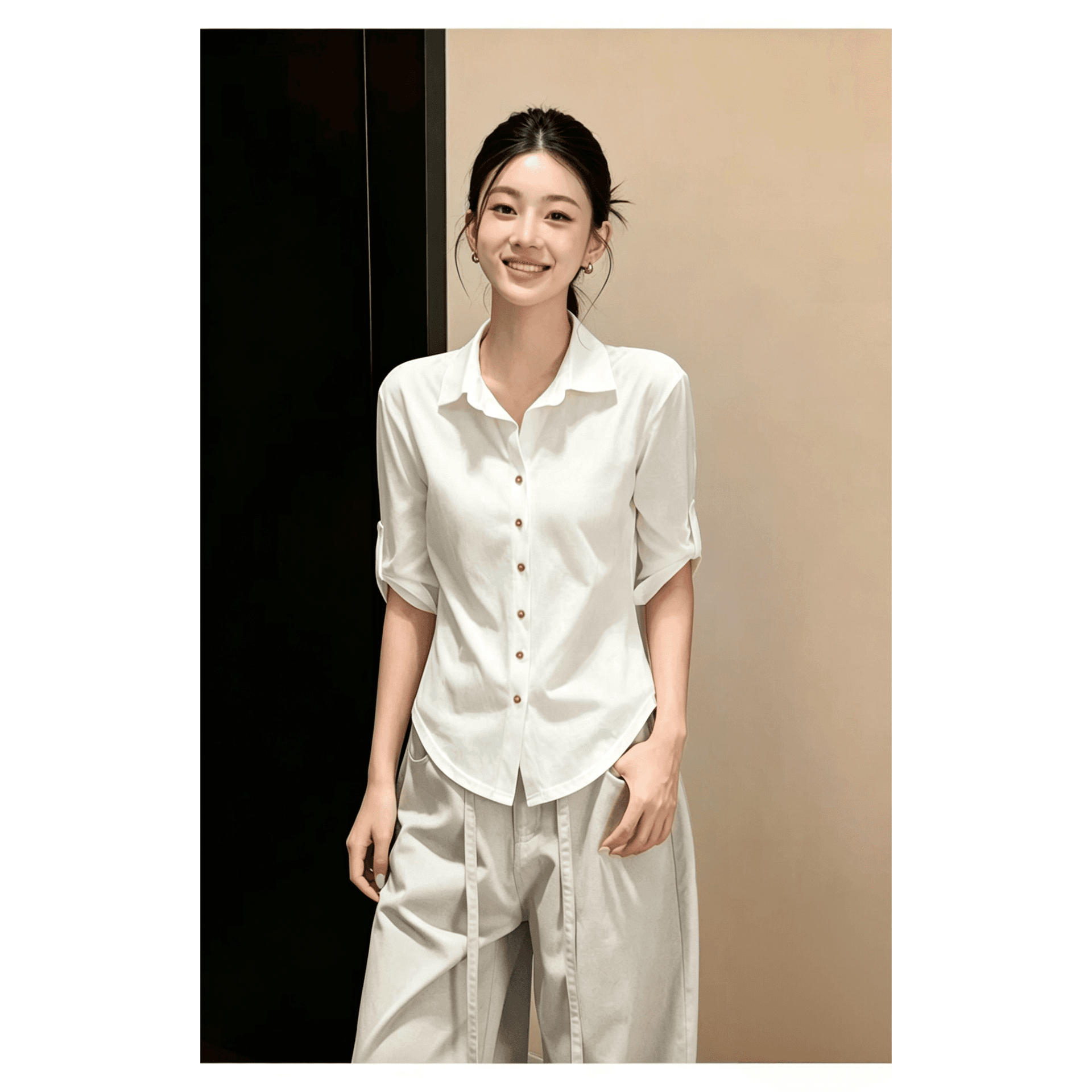 미니멀리즘 화이트 중간 소매 셔츠 여성 의류 여름 폴로 칼라 단추 다용도 품격 익스트림 제인 바람 맨위 티셔츠 이미지 5