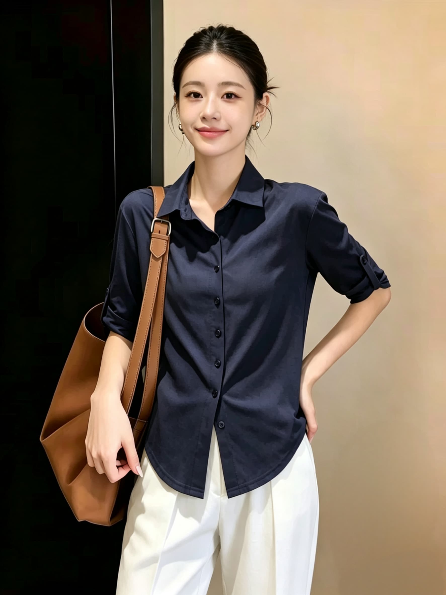 미니멀리즘 화이트 중간 소매 셔츠 여성 의류 여름 폴로 칼라 단추 다용도 품격 익스트림 제인 바람 맨위 티셔츠 상세 이미지 3