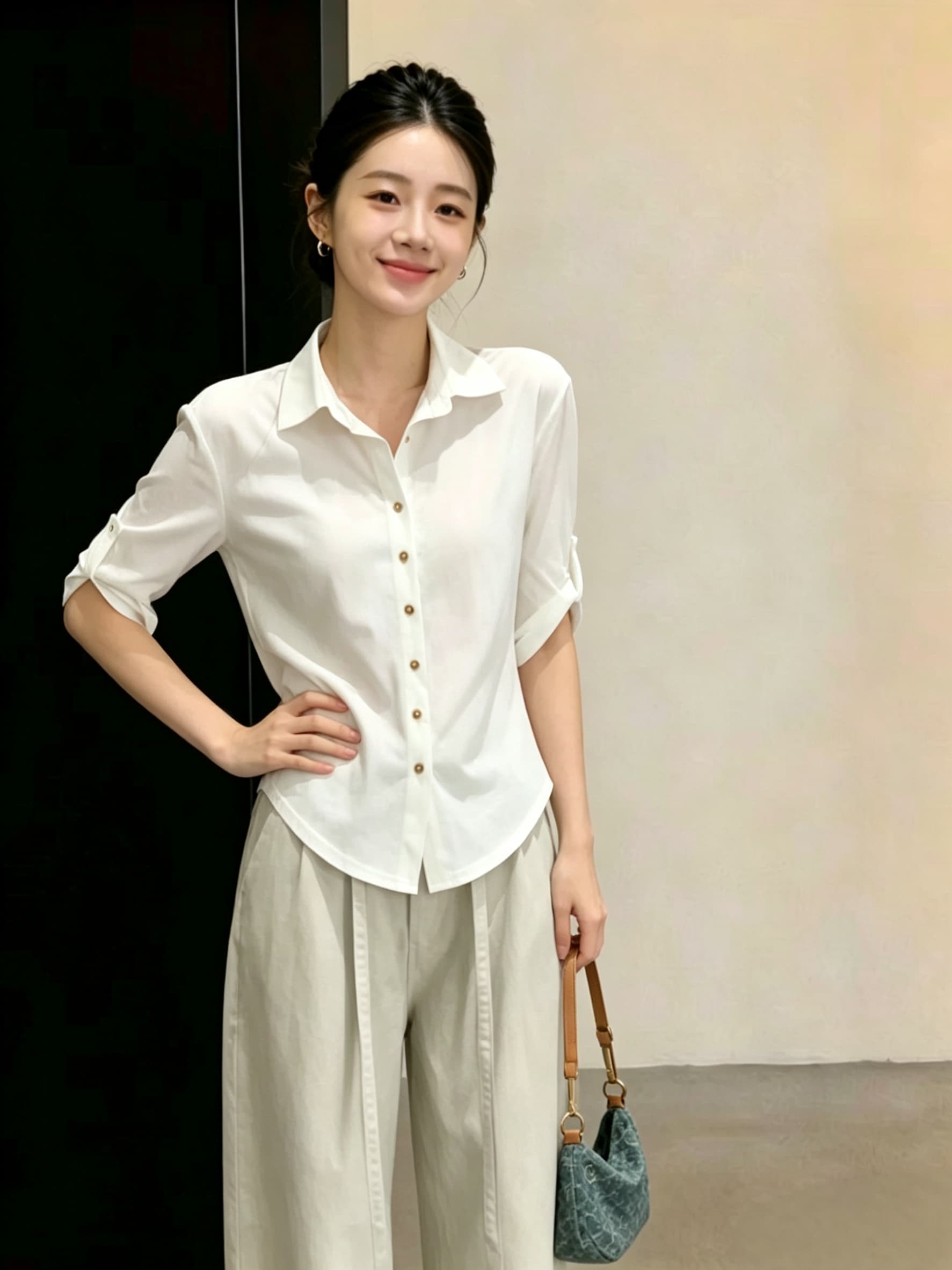 미니멀리즘 화이트 중간 소매 셔츠 여성 의류 여름 폴로 칼라 단추 다용도 품격 익스트림 제인 바람 맨위 티셔츠 상세 이미지 9