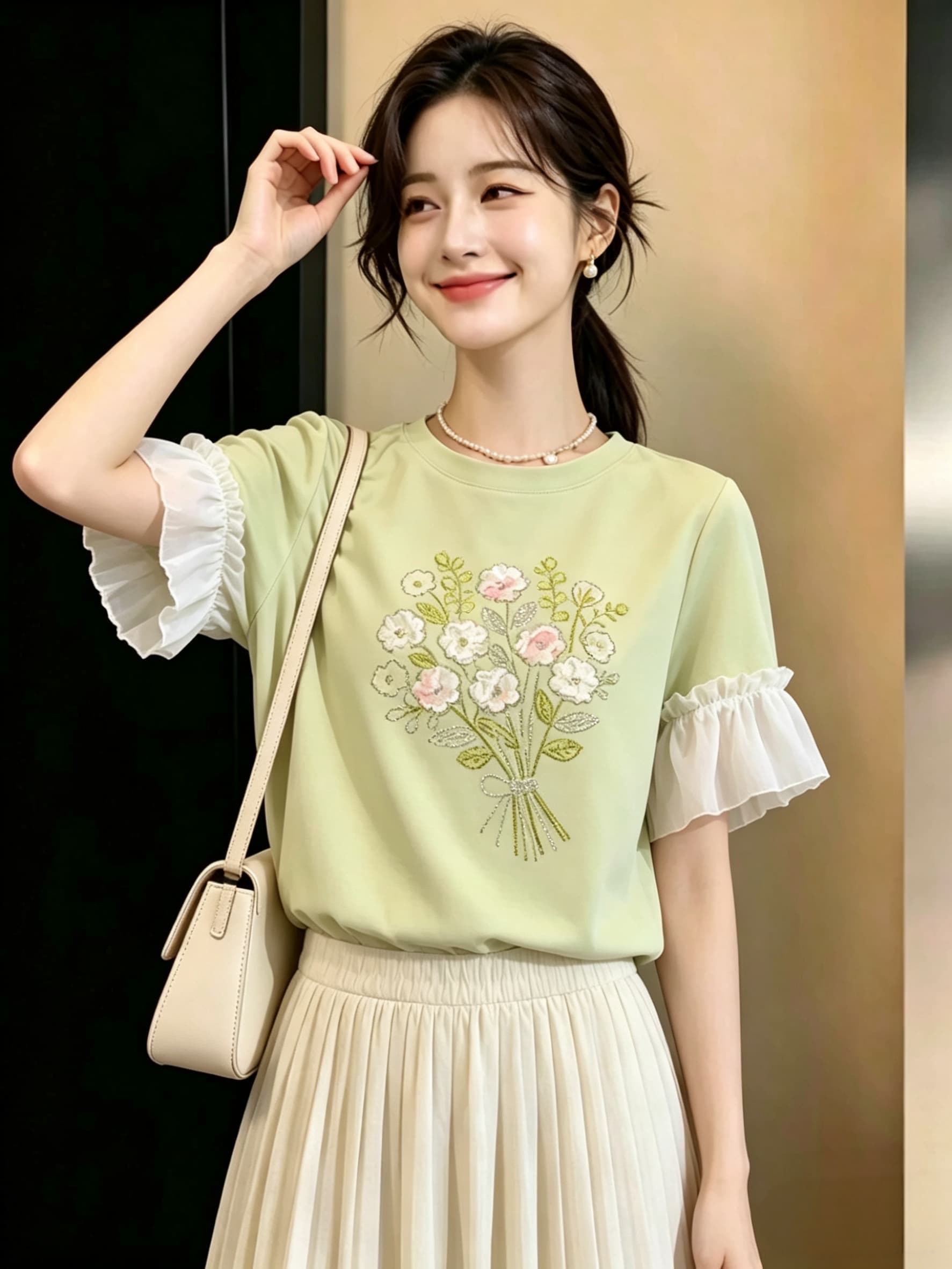 나무 배 케이크 고유 한 핫픽스 녹색 라운드 넥 반팔 티셔츠 여성 여름 디자인 센스 다용도 꽃무늬 맨위 상세 이미지 4