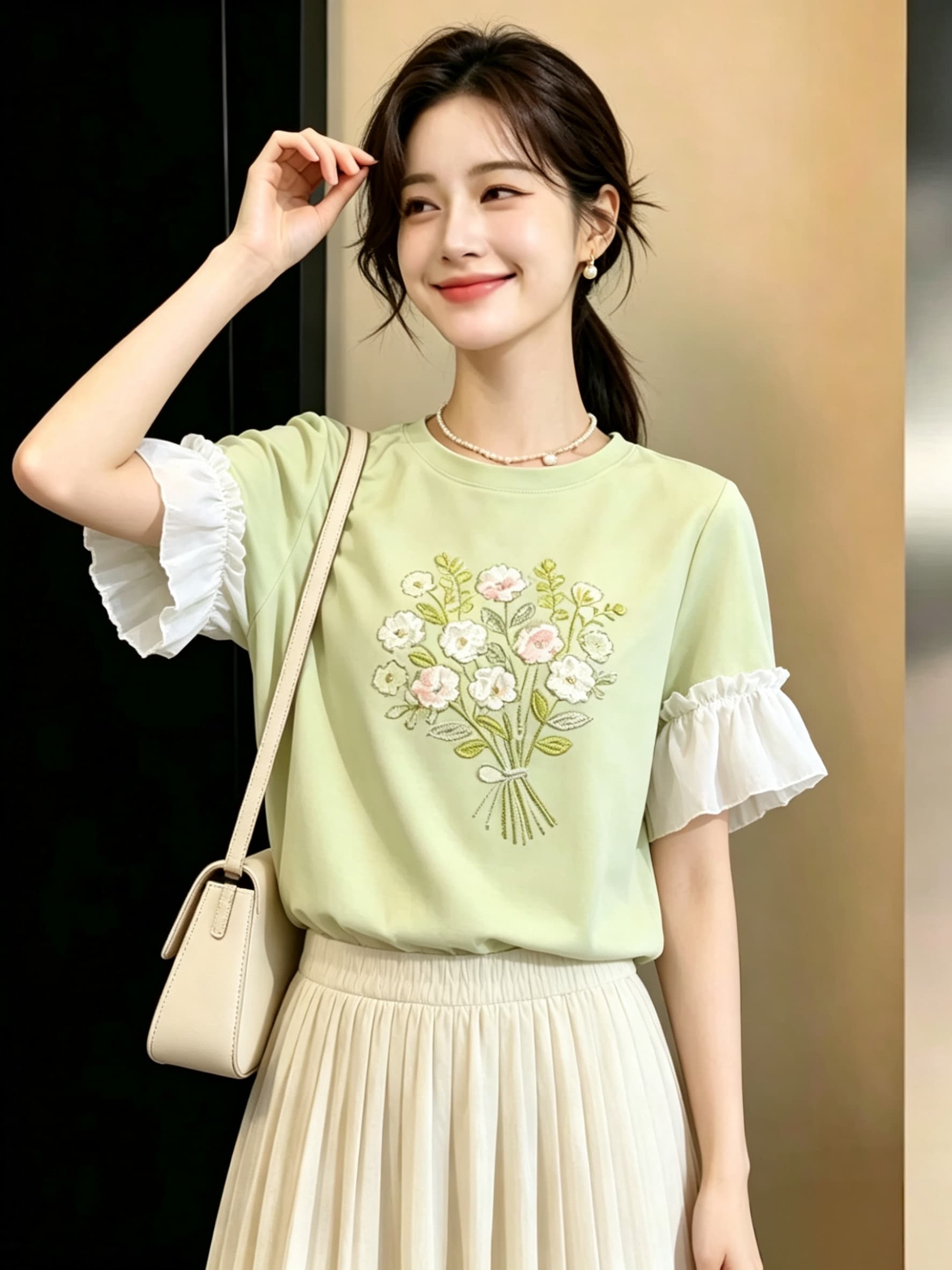 나무 배 케이크 고유 한 핫픽스 녹색 라운드 넥 반팔 티셔츠 여성 여름 디자인 센스 다용도 꽃무늬 맨위 상세 이미지 6