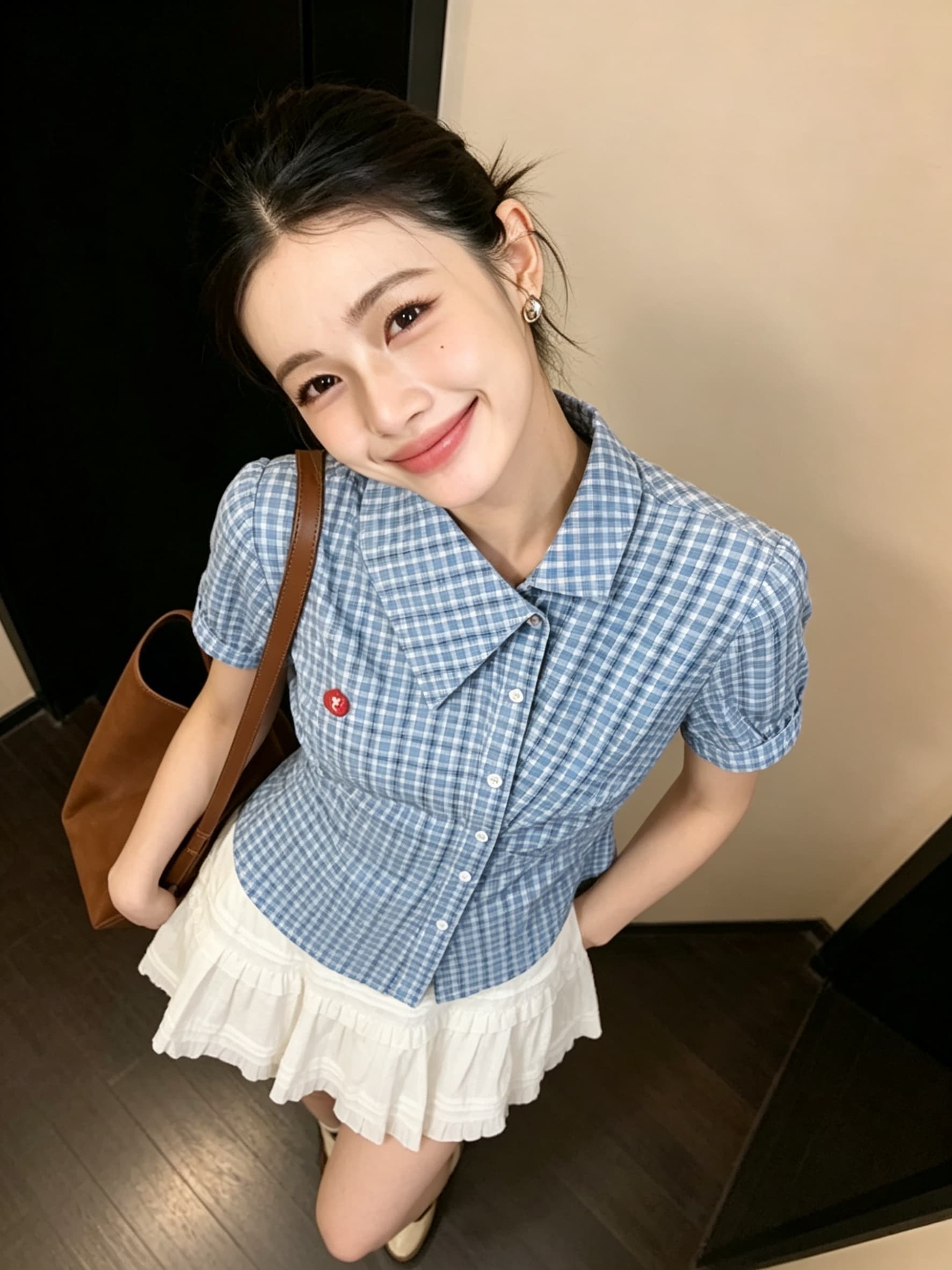 부드러운 부서 아메리칸 2026 여름 새로운 슈퍼 잘 생긴 비스듬한 칼라 몸매 가꾸기 격자 무늬 셔츠 비대칭 여성 셔츠 이미지 4