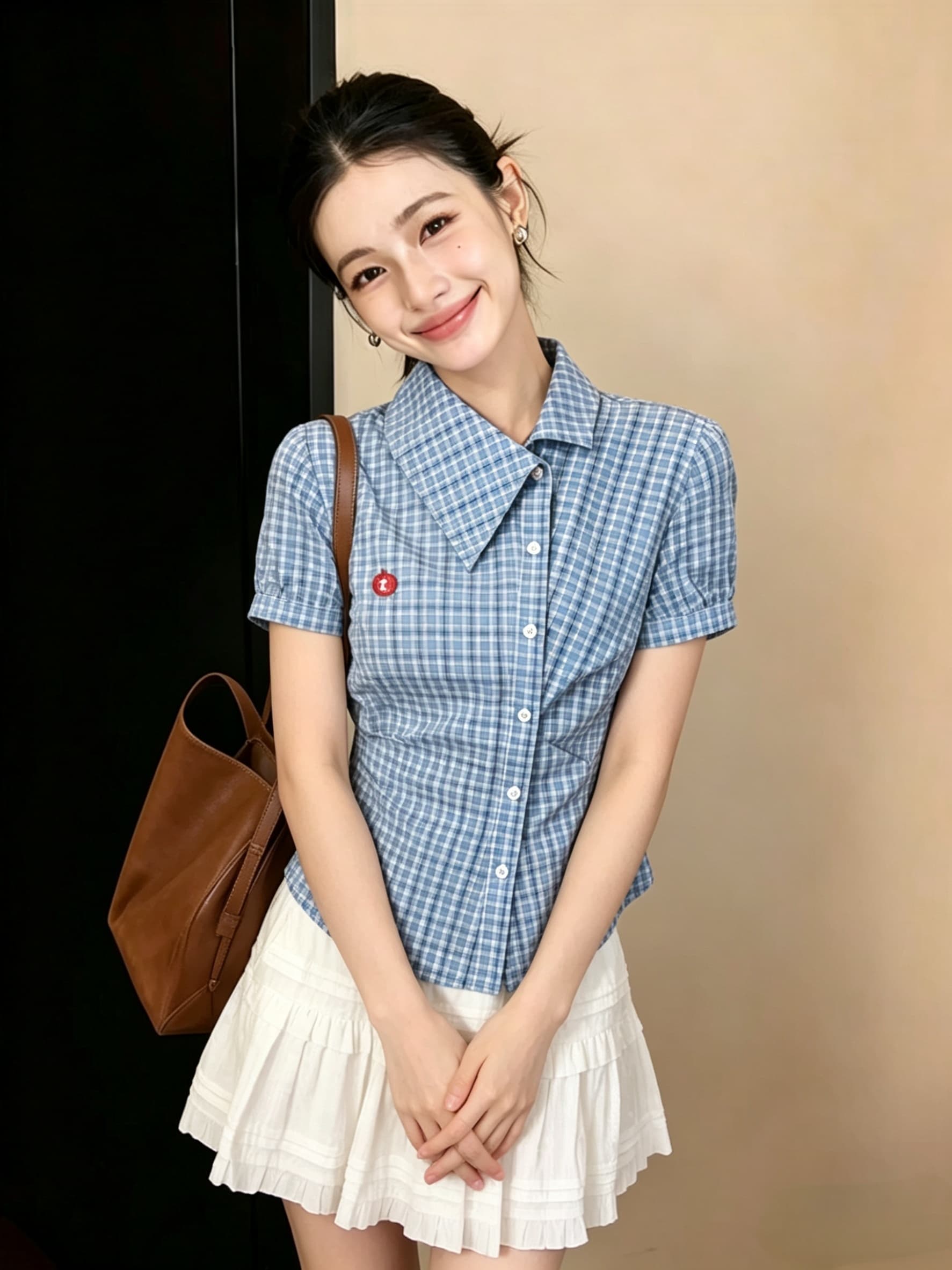부드러운 부서 아메리칸 2026 여름 새로운 슈퍼 잘 생긴 비스듬한 칼라 몸매 가꾸기 격자 무늬 셔츠 비대칭 여성 셔츠 상세 이미지 5