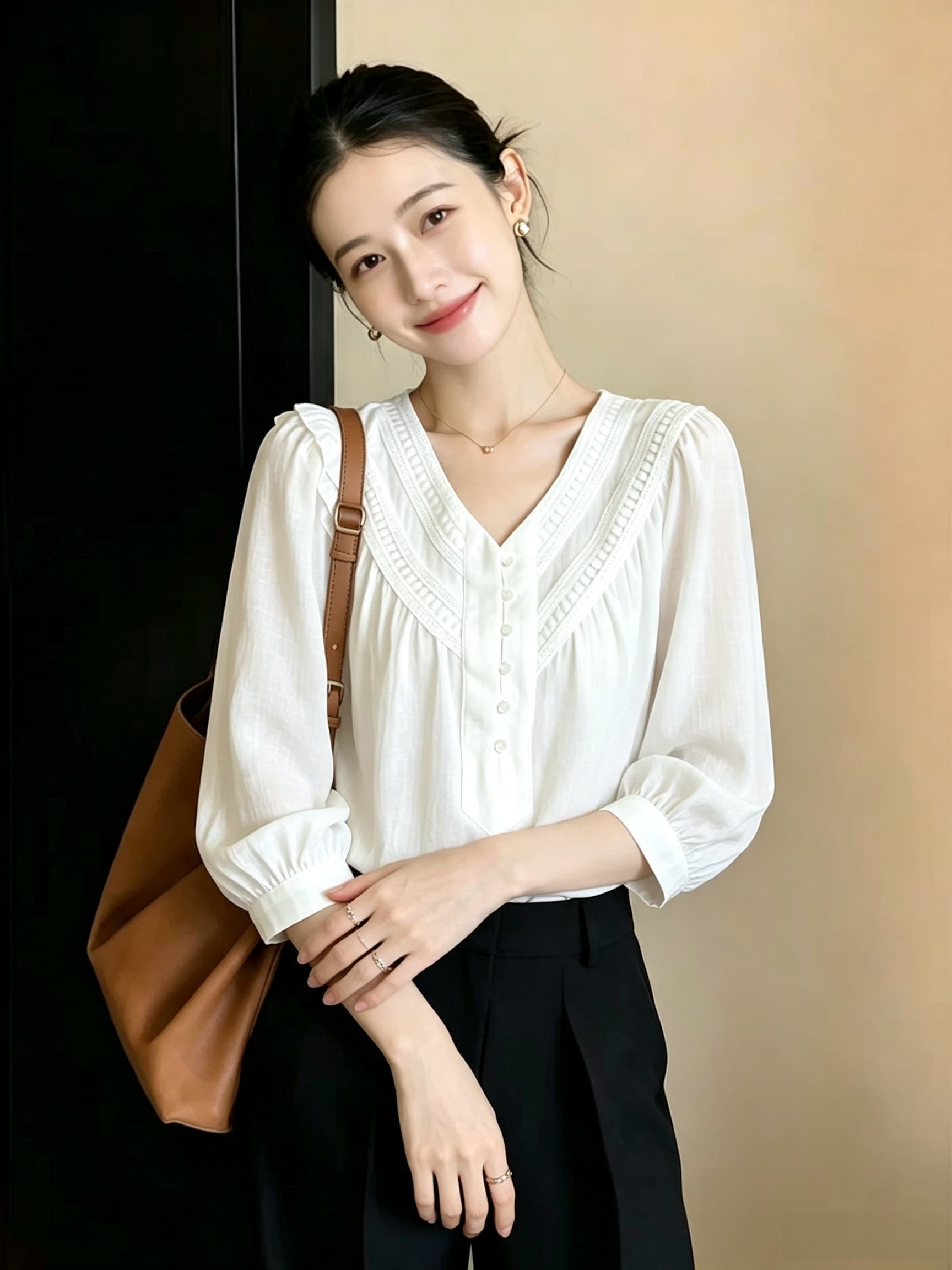 재고 있음 면 린넨 프랑스식 레이스 조각 7부 소매 셔츠 2026 디자인 센스 V넥 Chic 화이트 맨위 여성 이미지 3